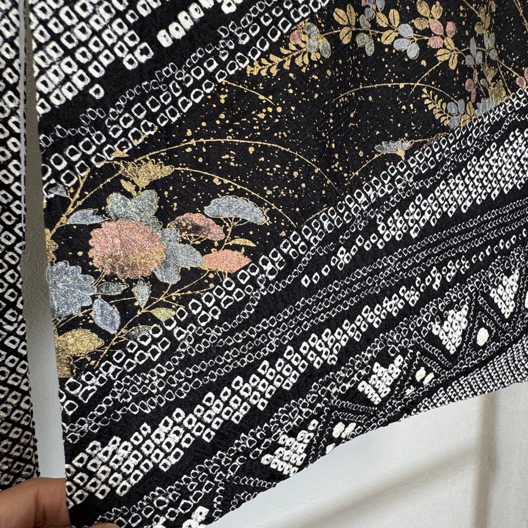 超美品　正絹　袷　訪問着　着物　168裄65 黒　総絞り　刺繍　トール　花柄