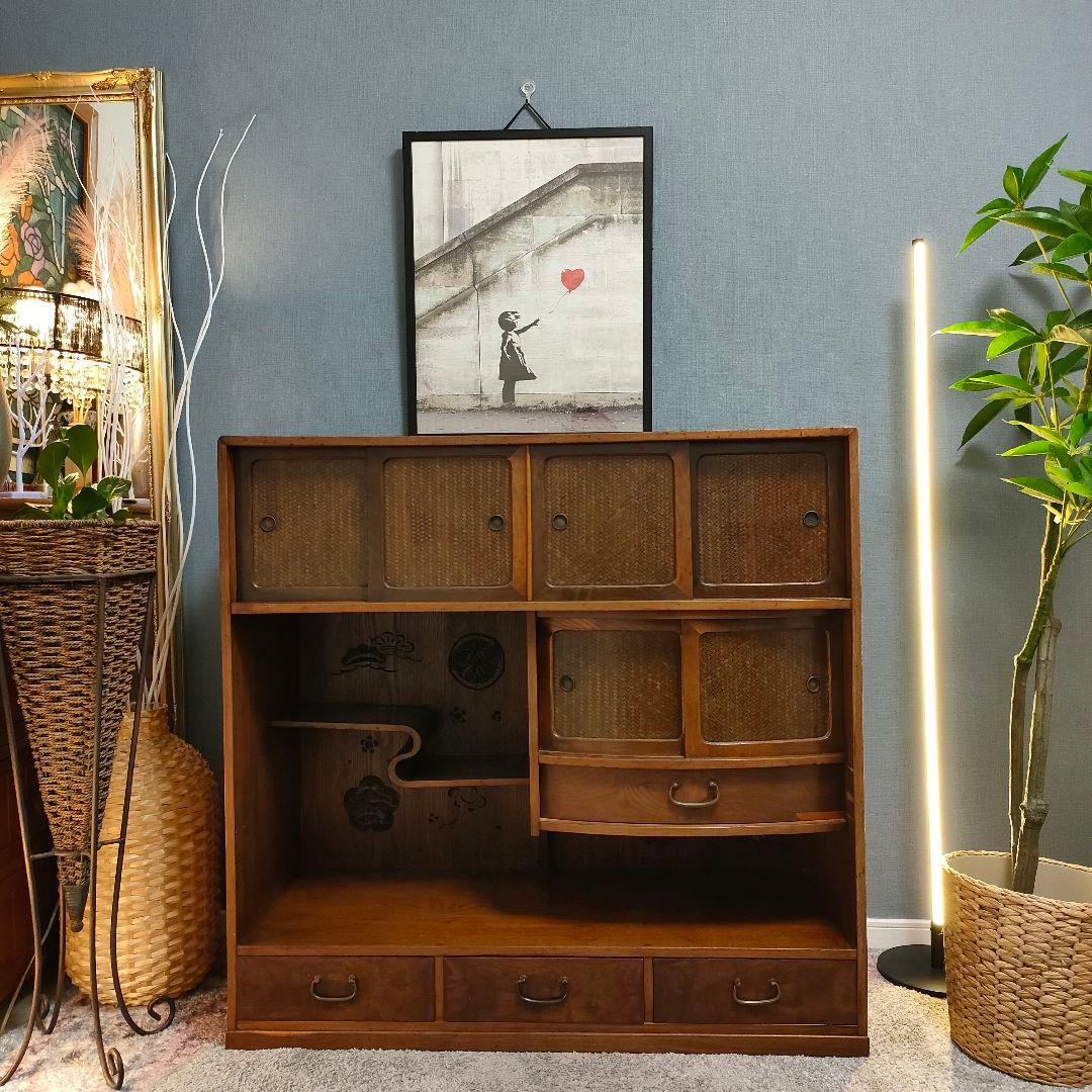 昭和レトロ和製アンティーク透かし彫り茶箪笥