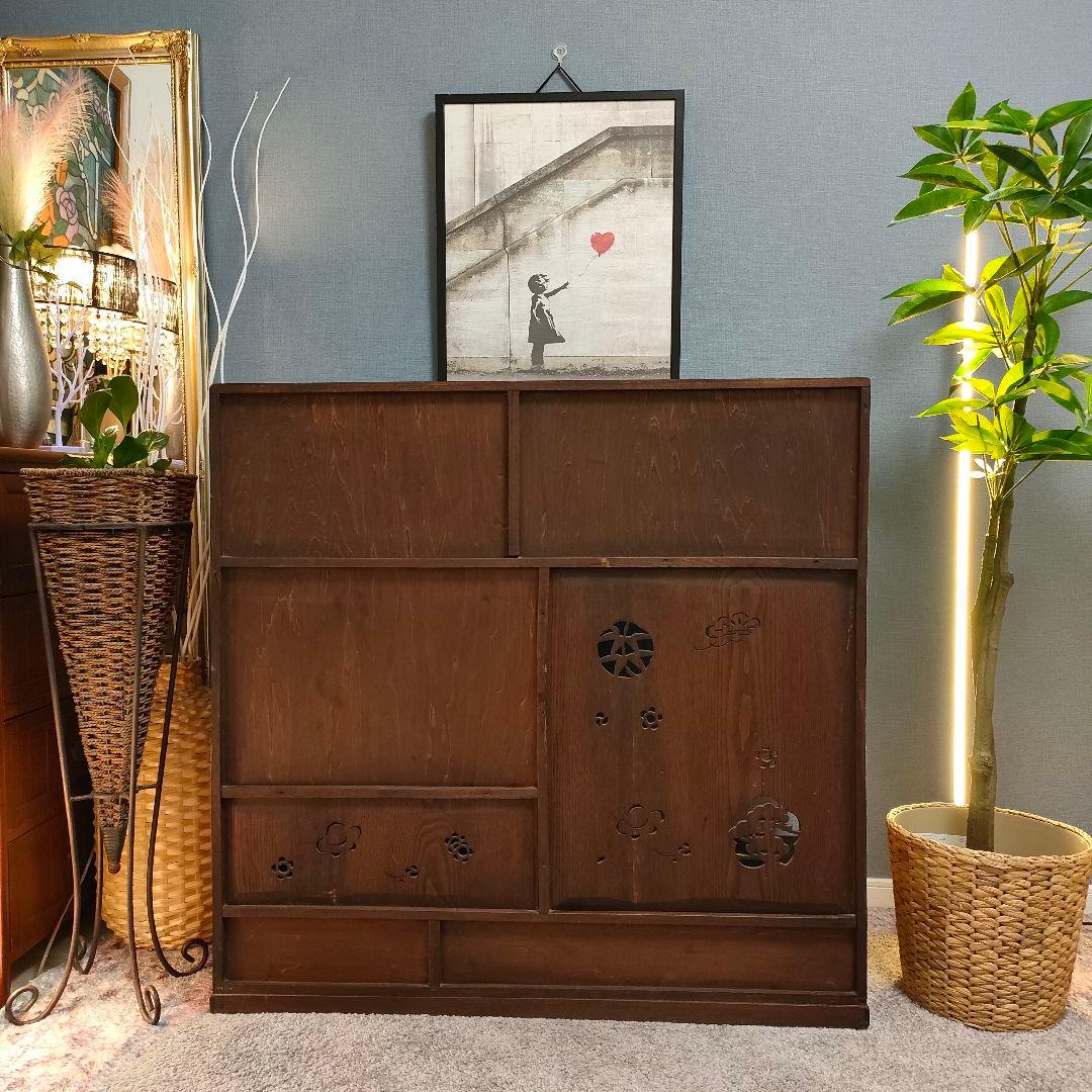 昭和レトロ和製アンティーク透かし彫り茶箪笥