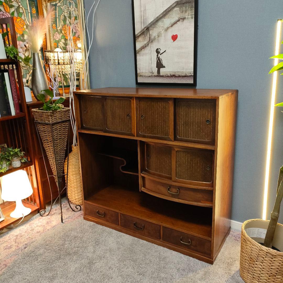 昭和レトロ和製アンティーク透かし彫り茶箪笥