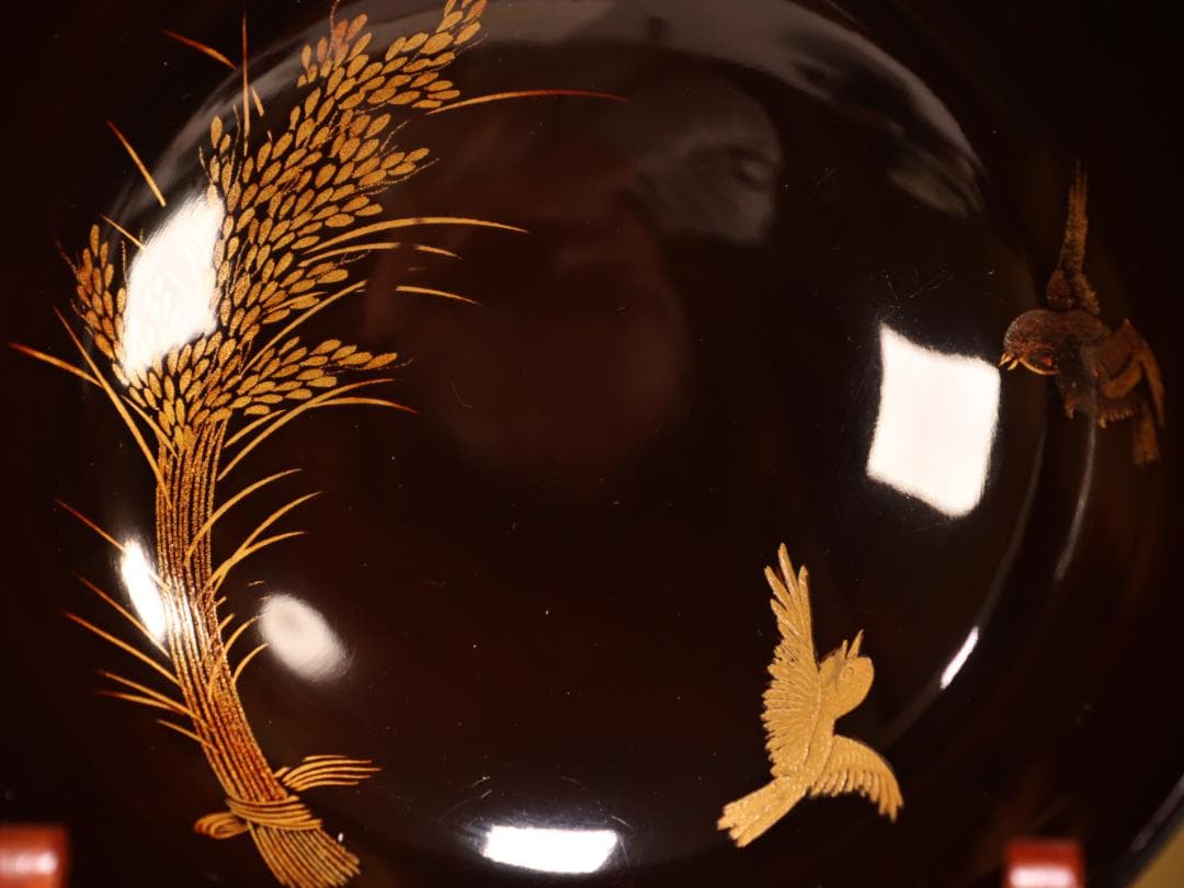 BK408　時代輪島塗　稲穂雀図金蒔絵　吸物椀　二客　木製　茶道具 懐石 会席