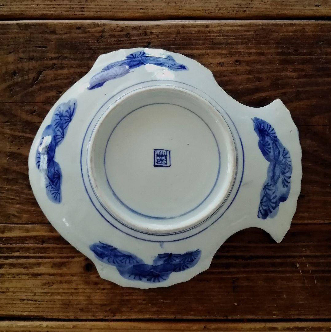 明治時代　梶原菊三郎　海老　梅　染付　魚形皿