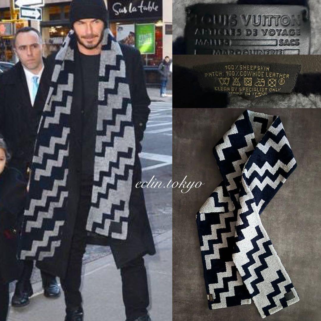 ヴィトン ムートンファー レザー 起毛 ロングマフラー カラコラム柄 E4756