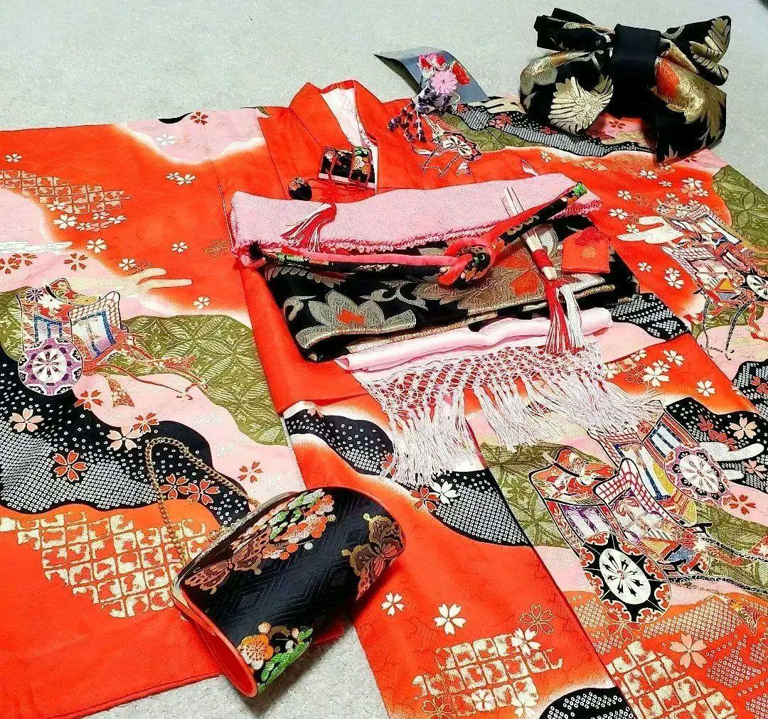 七五三 7歳 四つ身 正絹 子供 着物 作り帯 女の子長襦袢 フルセット