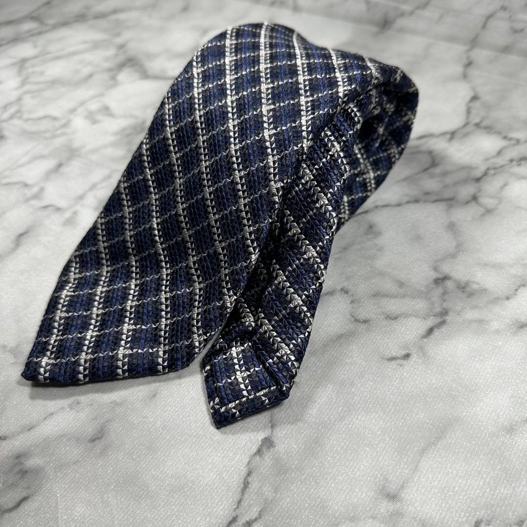 TOM FORD ネイビー チェック柄 シルク100%ネクタイ イタリア製