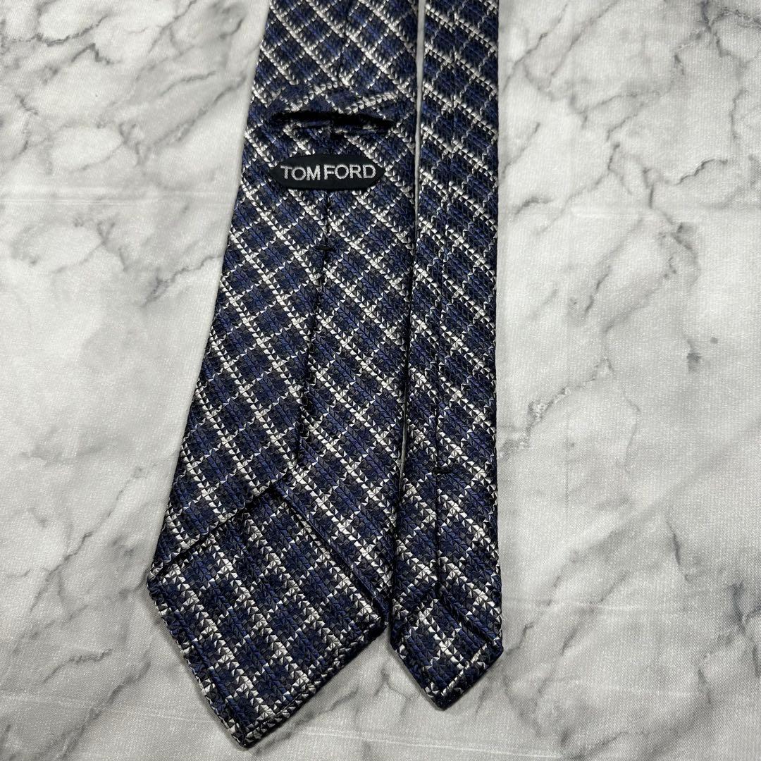 TOM FORD ネイビー チェック柄 シルク100%ネクタイ イタリア製