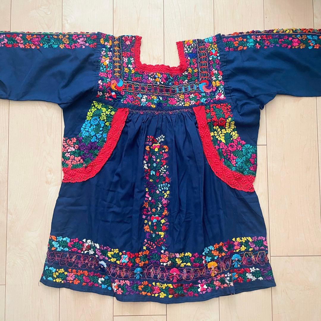 メキシコ刺繍　マリアさん　チュニック　ネイビー