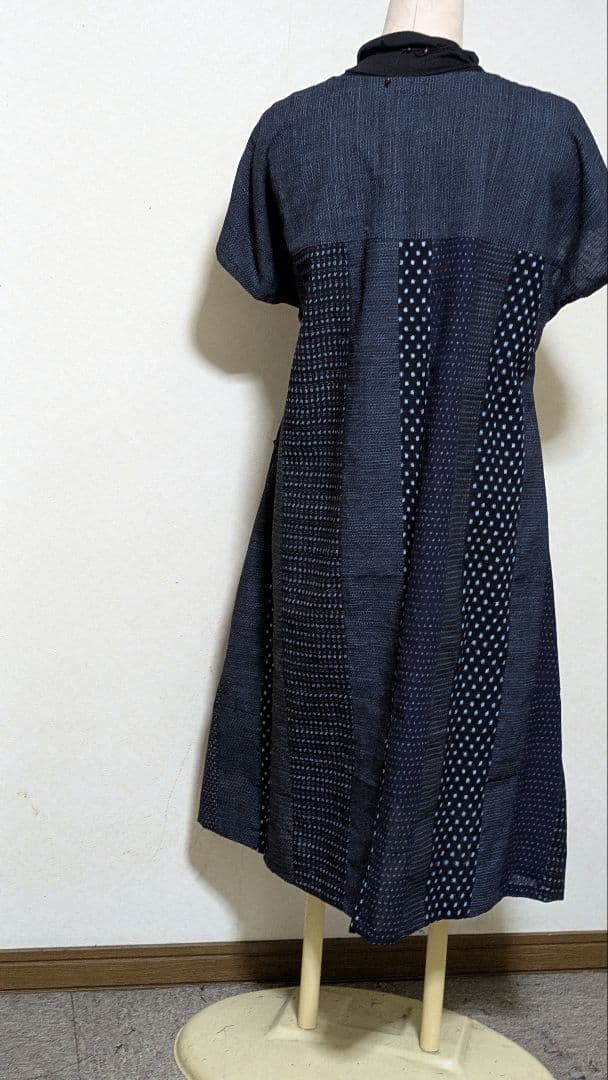 久留米絣　書生絣　雪ん子柄　藍染古布の着物リメイクワンピース