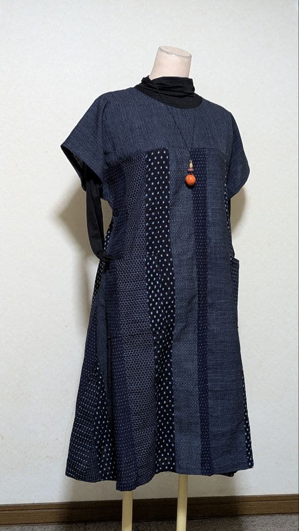 久留米絣　書生絣　雪ん子柄　藍染古布の着物リメイクワンピース