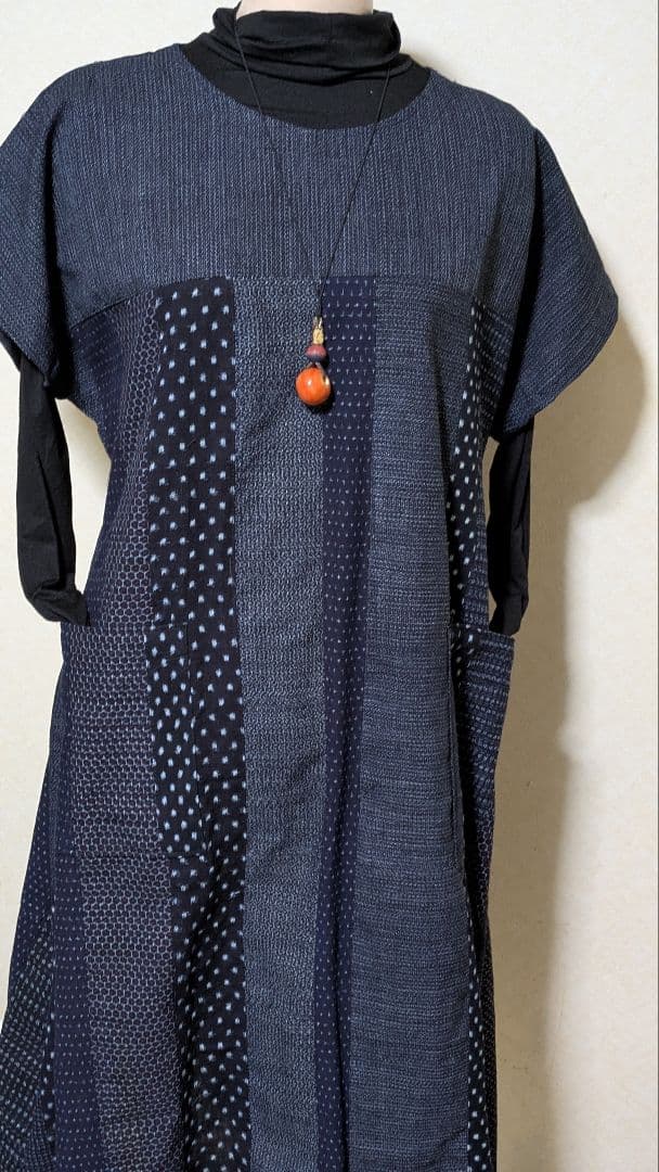 久留米絣　書生絣　雪ん子柄　藍染古布の着物リメイクワンピース