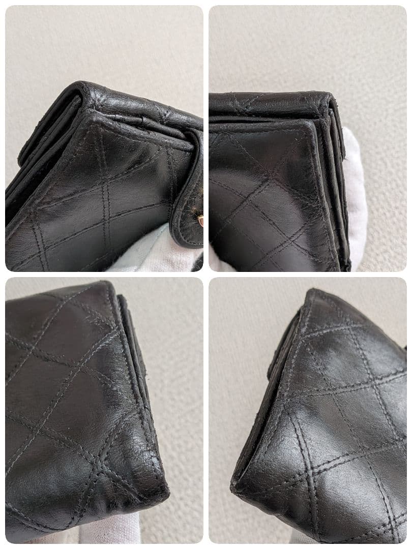 シャネル　ビコローレ　Wホック折り財布　黒　ラムスキン　チェーンウォレット