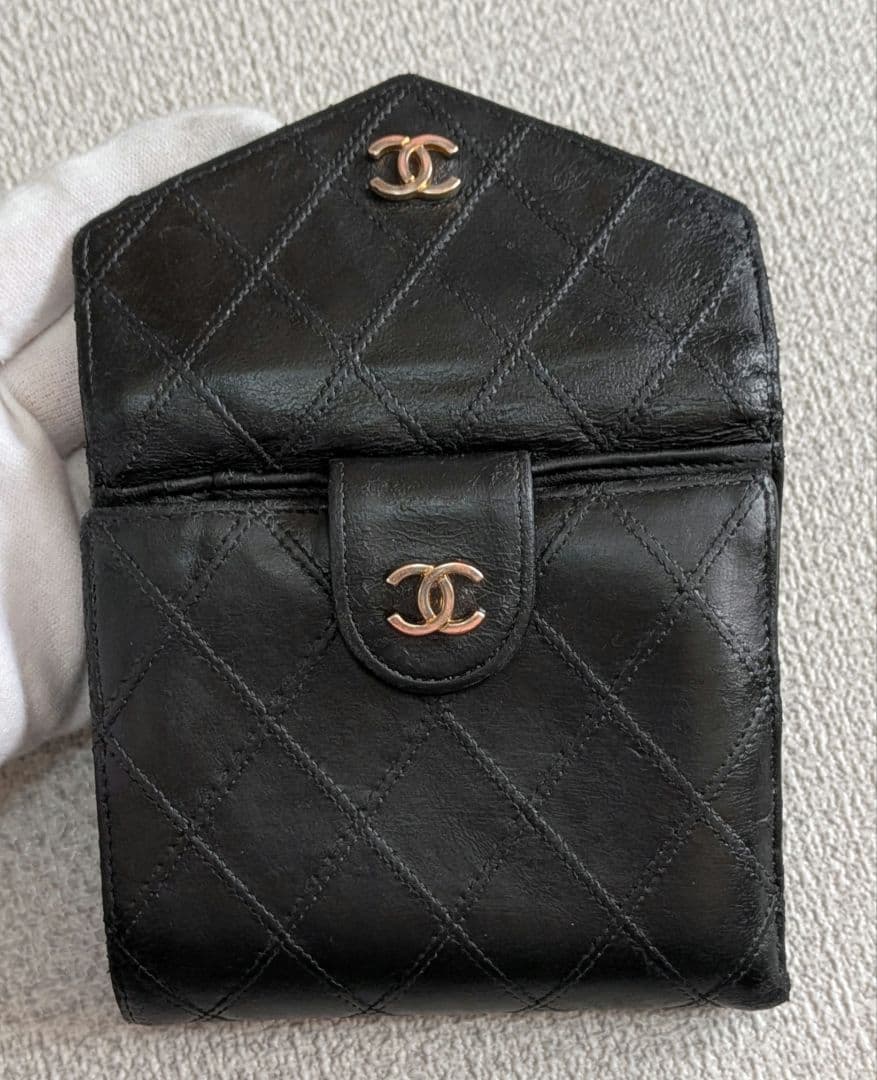 シャネル　ビコローレ　Wホック折り財布　黒　ラムスキン　チェーンウォレット