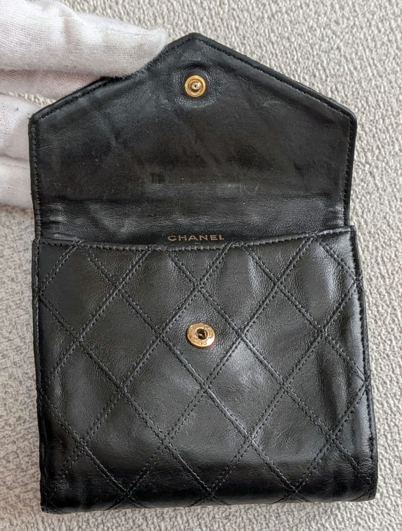 シャネル　ビコローレ　Wホック折り財布　黒　ラムスキン　チェーンウォレット