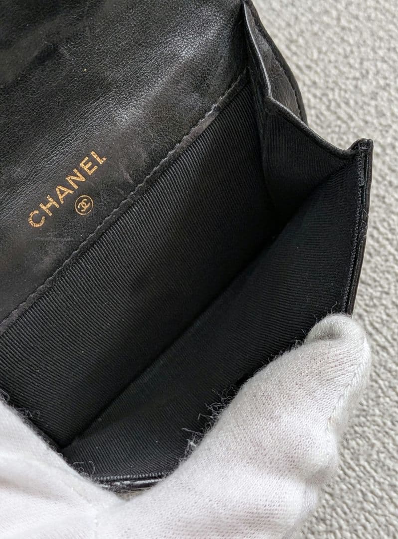 シャネル　ビコローレ　Wホック折り財布　黒　ラムスキン　チェーンウォレット