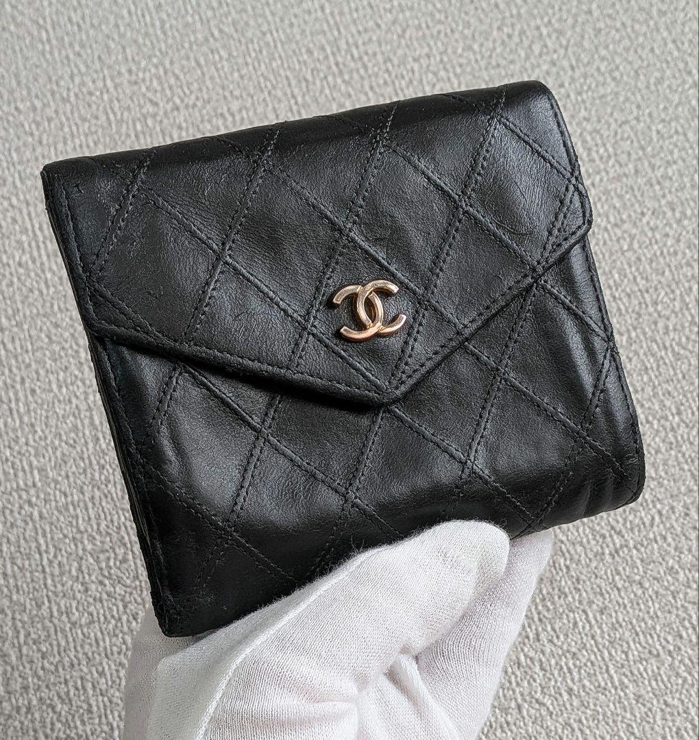 シャネル　ビコローレ　Wホック折り財布　黒　ラムスキン　チェーンウォレット
