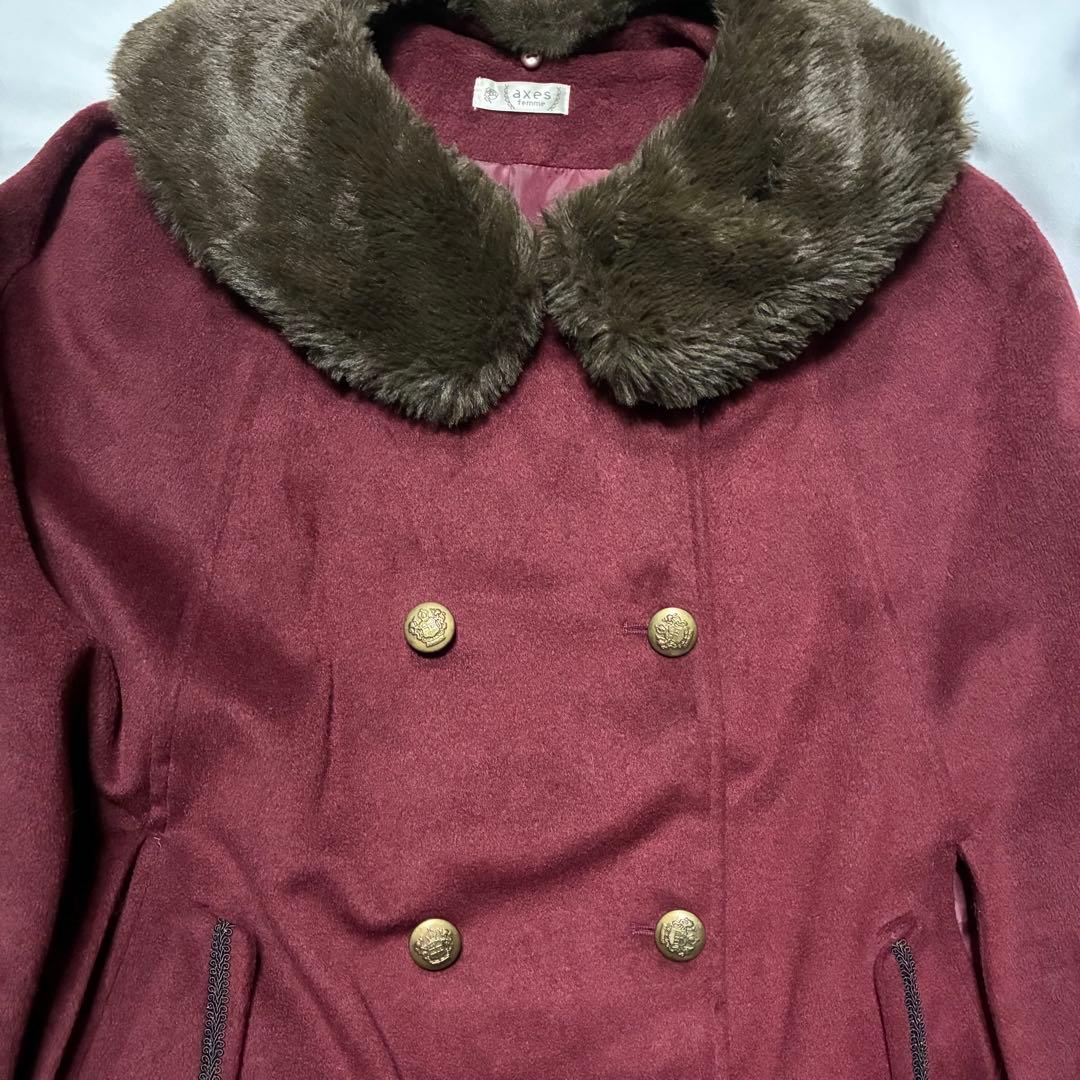 axes femme 襟ファー付き ケープ ポンチョコート 赤 クラシカル