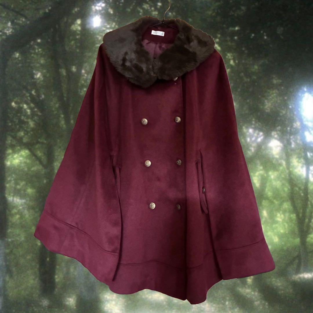 axes femme 襟ファー付き ケープ ポンチョコート 赤 クラシカル