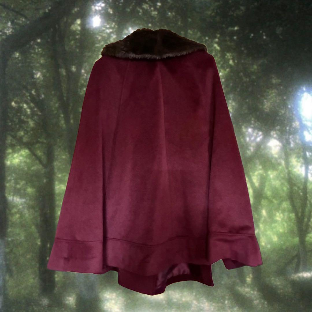 axes femme 襟ファー付き ケープ ポンチョコート 赤 クラシカル