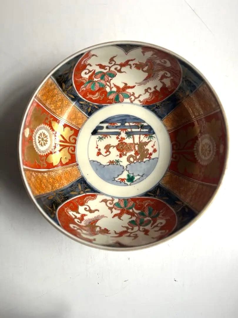 517 骨董 アンティーク 古伊万里 染付 色絵金彩窓絵鳳凰図8寸鉢 富貴長春