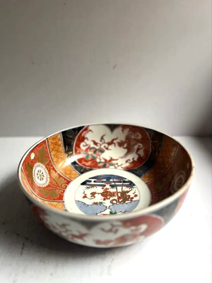 517 骨董 アンティーク 古伊万里 染付 色絵金彩窓絵鳳凰図8寸鉢 富貴長春