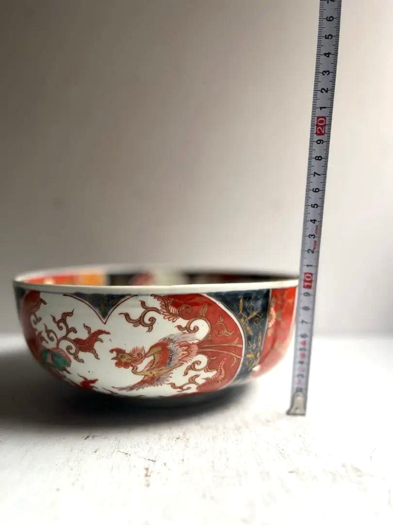 517 骨董 アンティーク 古伊万里 染付 色絵金彩窓絵鳳凰図8寸鉢 富貴長春