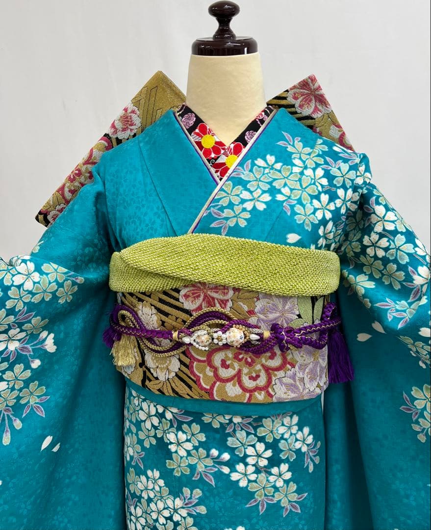 振り袖　フルセット　ブルー　長襦袢付　さくら　金彩加工　刺繍入り　533