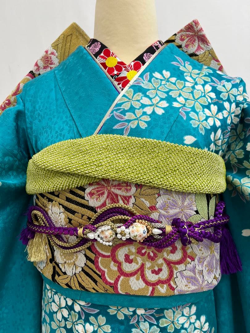 振り袖　フルセット　ブルー　長襦袢付　さくら　金彩加工　刺繍入り　533