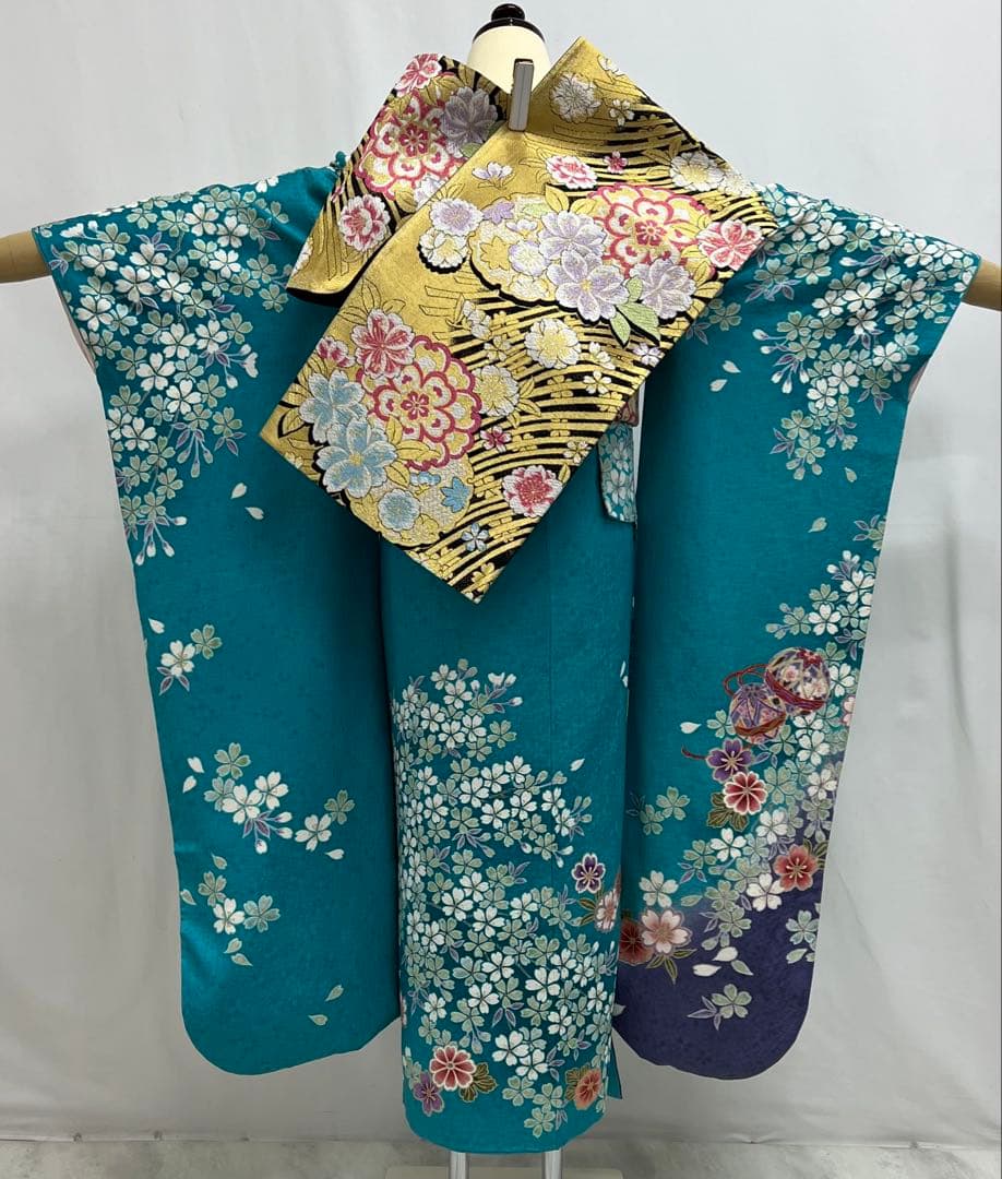 振り袖　フルセット　ブルー　長襦袢付　さくら　金彩加工　刺繍入り　533