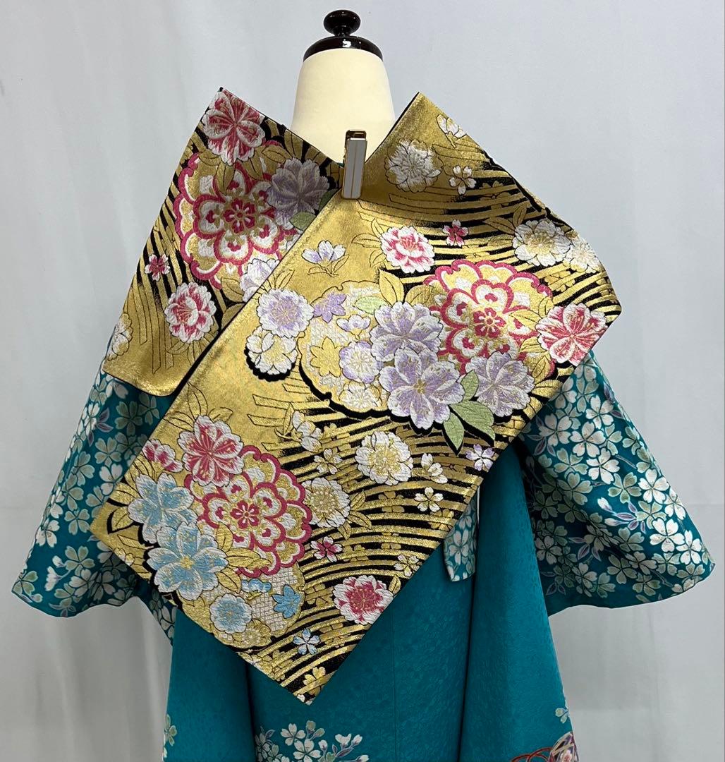 振り袖　フルセット　ブルー　長襦袢付　さくら　金彩加工　刺繍入り　533