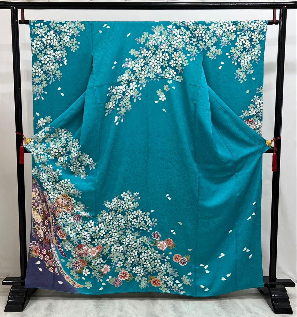 振り袖　フルセット　ブルー　長襦袢付　さくら　金彩加工　刺繍入り　533
