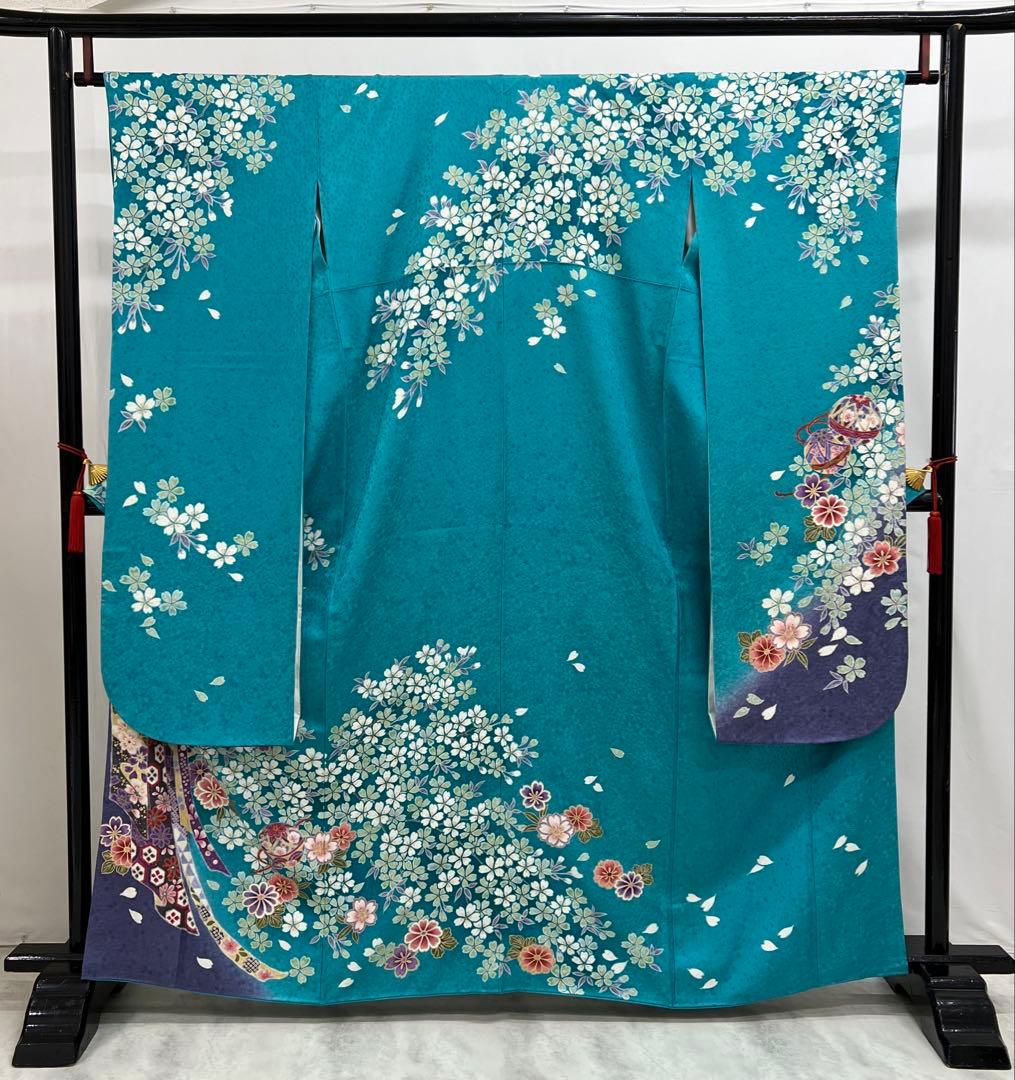 振り袖　フルセット　ブルー　長襦袢付　さくら　金彩加工　刺繍入り　533