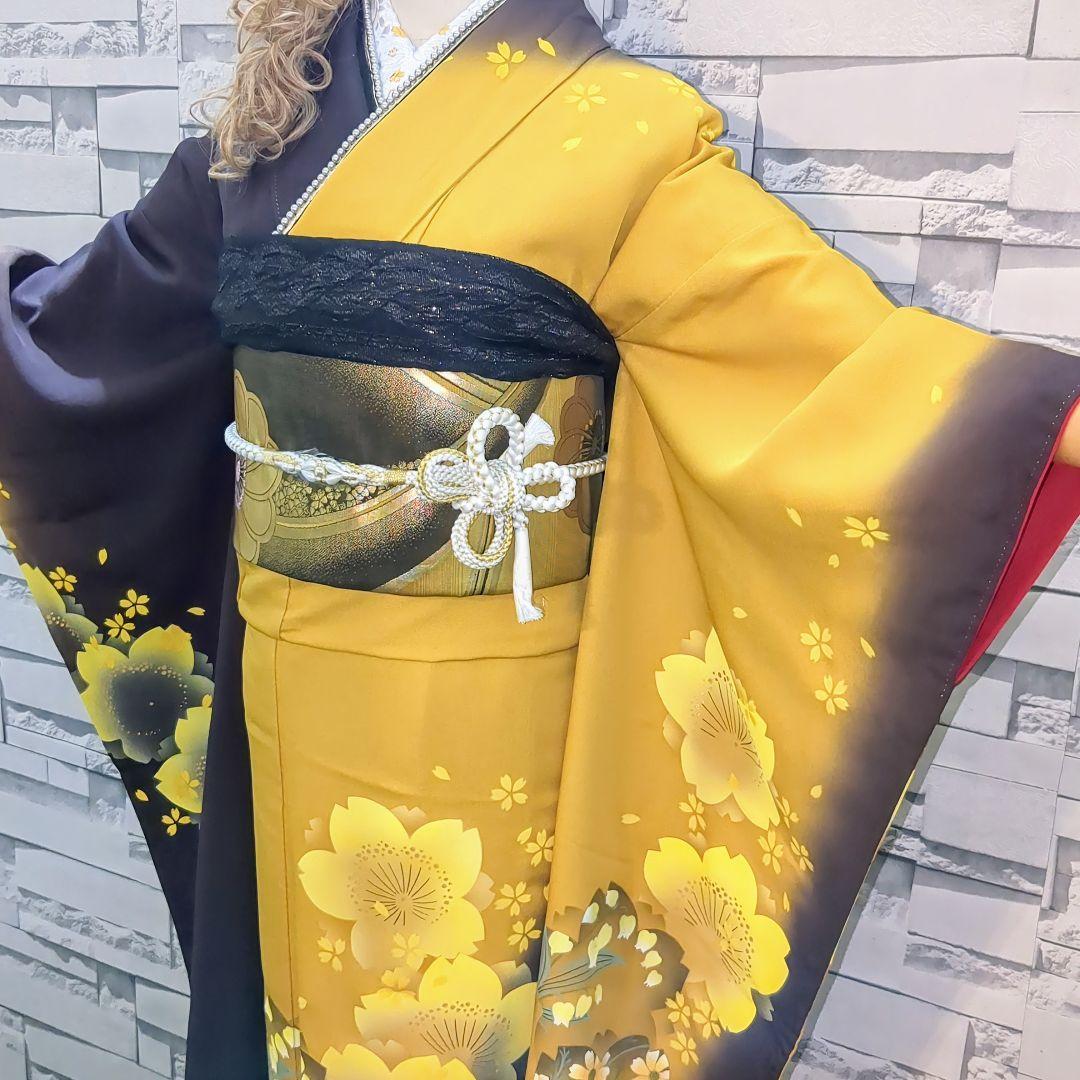 正絹振袖 舞桜文 暈し染 金彩 振袖セット 振袖フルセット カラシ色×黒茶 75