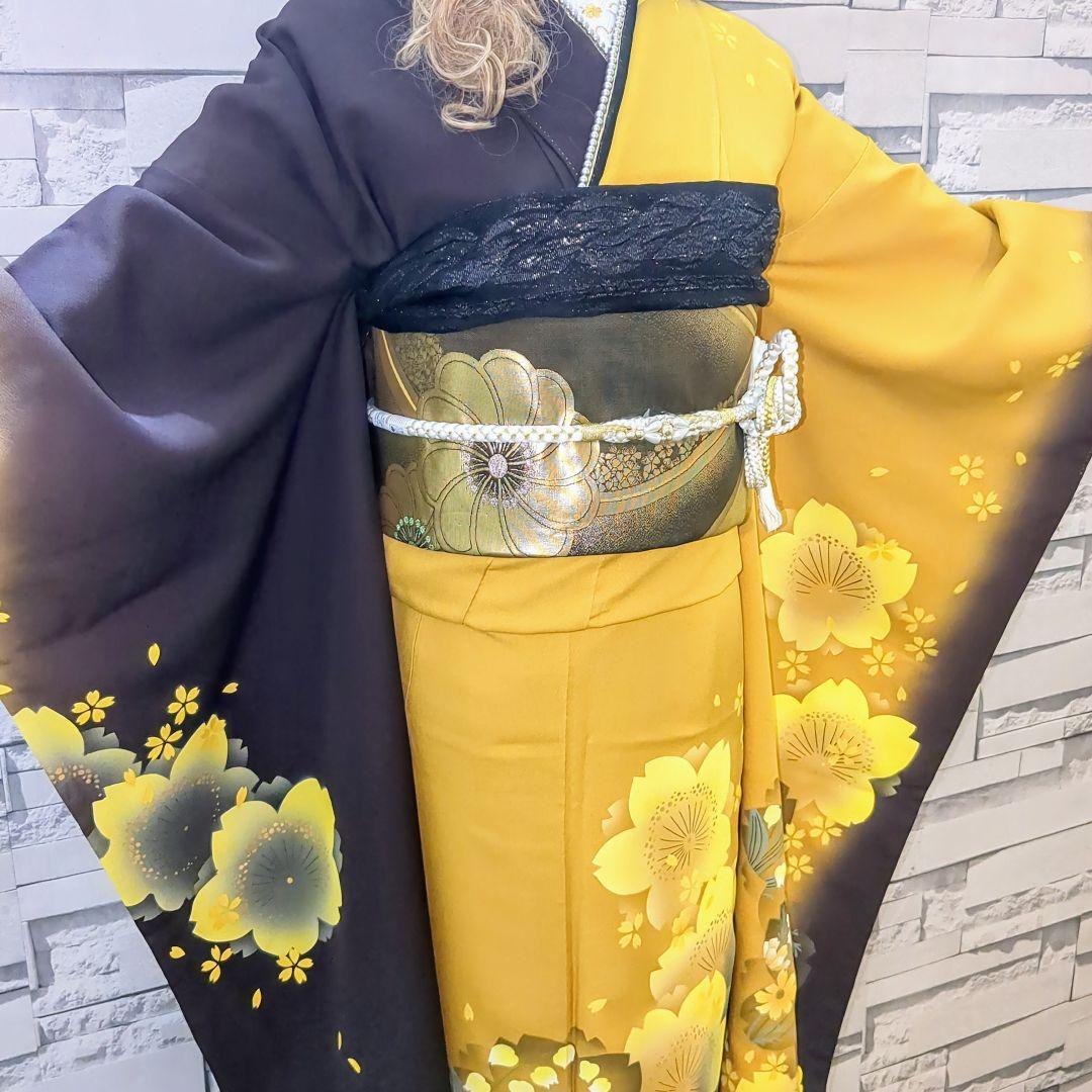 正絹振袖 舞桜文 暈し染 金彩 振袖セット 振袖フルセット カラシ色×黒茶 75