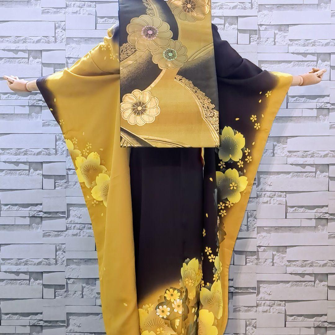 正絹振袖 舞桜文 暈し染 金彩 振袖セット 振袖フルセット カラシ色×黒茶 75
