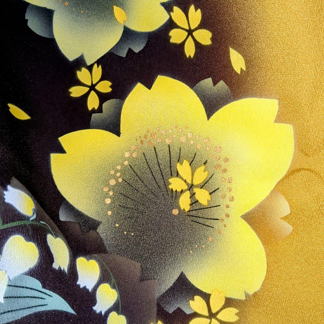 正絹振袖 舞桜文 暈し染 金彩 振袖セット 振袖フルセット カラシ色×黒茶 75