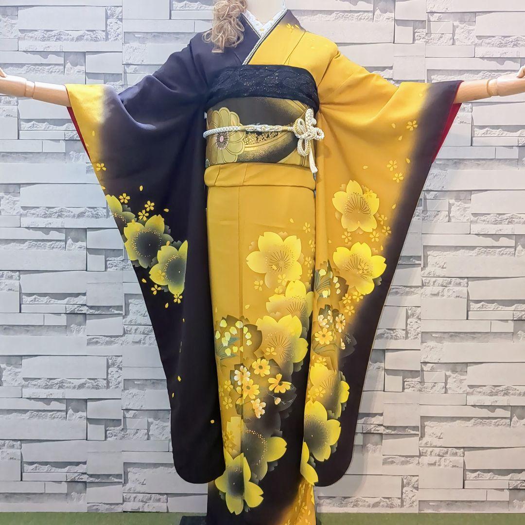 正絹振袖 舞桜文 暈し染 金彩 振袖セット 振袖フルセット カラシ色×黒茶 75