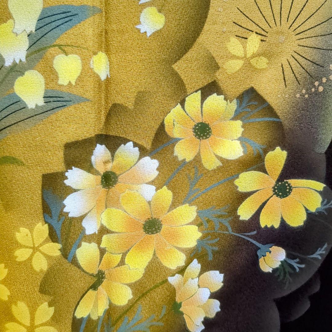 正絹振袖 舞桜文 暈し染 金彩 振袖セット 振袖フルセット カラシ色×黒茶 75