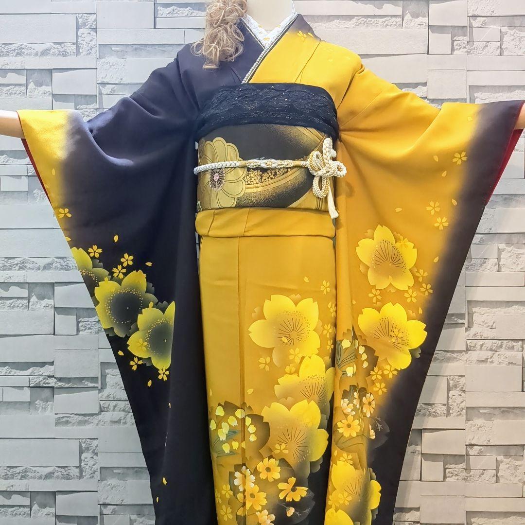 正絹振袖 舞桜文 暈し染 金彩 振袖セット 振袖フルセット カラシ色×黒茶 75