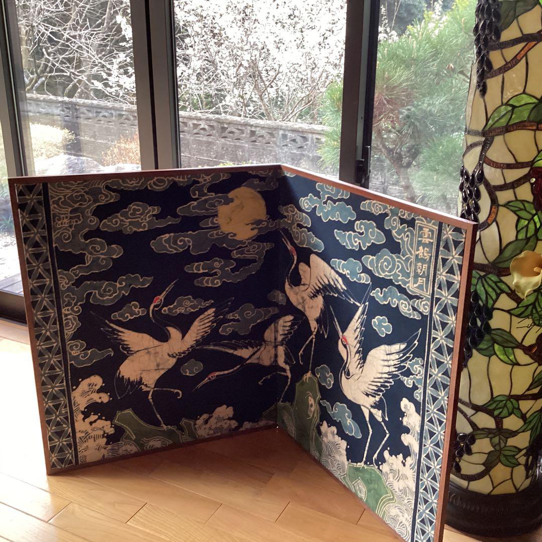 和風 鶴模様の屏風こ骨董品