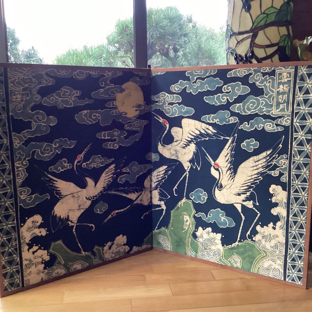 和風 鶴模様の屏風こ骨董品