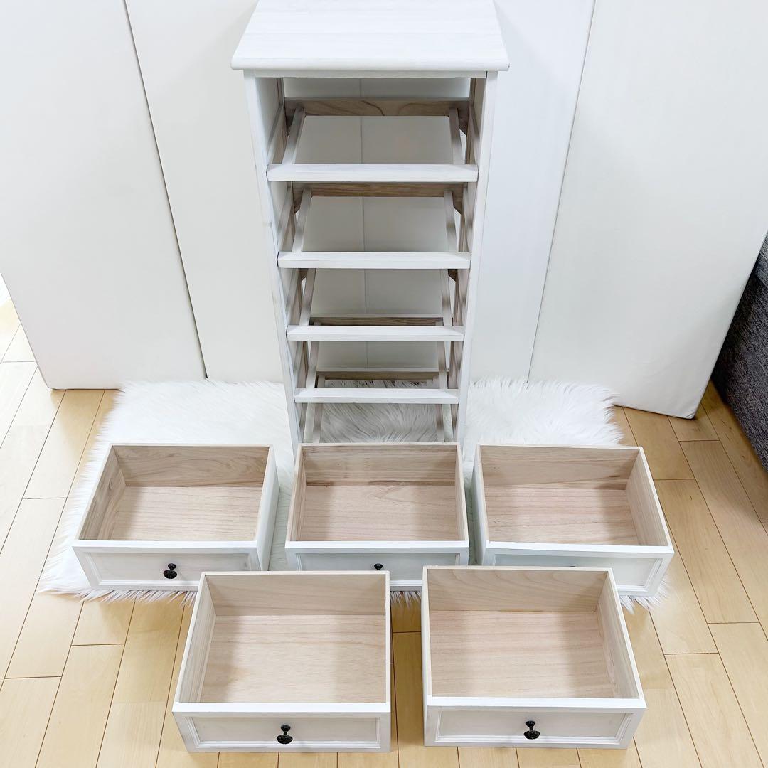 ホワイトシャビー　5段　SHABBY WOOD FURNITURE アンティーク