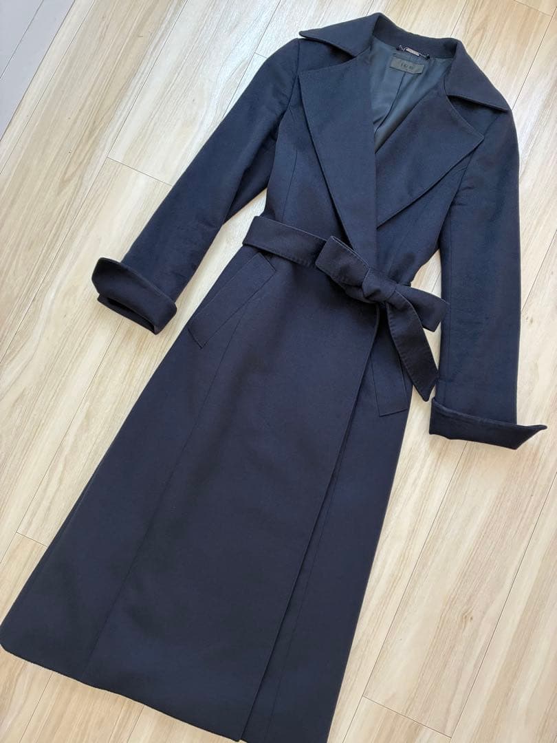 美品ICBアイシービー カシミア100%ガウンコート着丈116cmネイビー