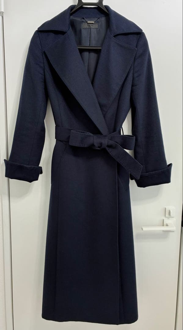 美品ICBアイシービー カシミア100%ガウンコート着丈116cmネイビー