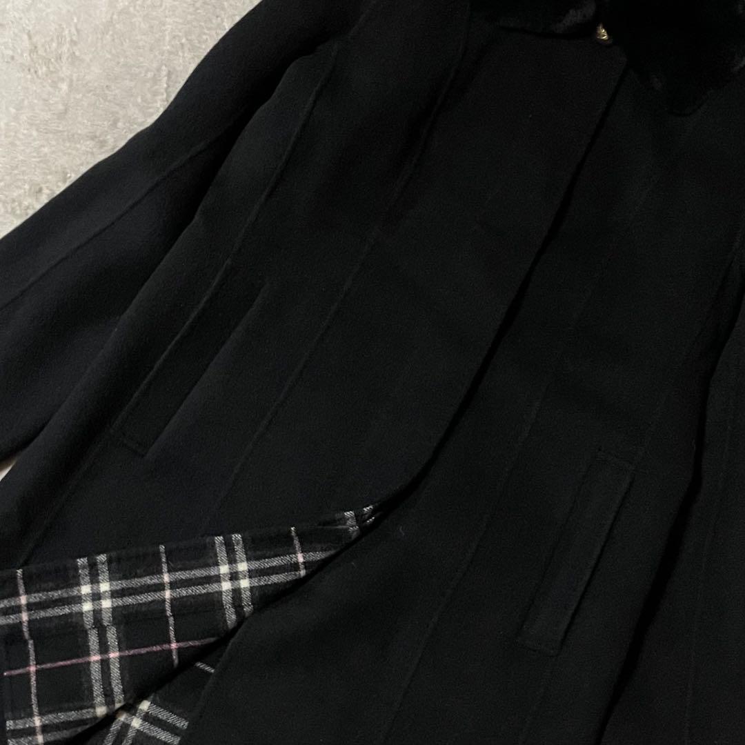 専用バーバリー カシミヤ混 襟ラビットファー ロングウールコート Lネイビー美品