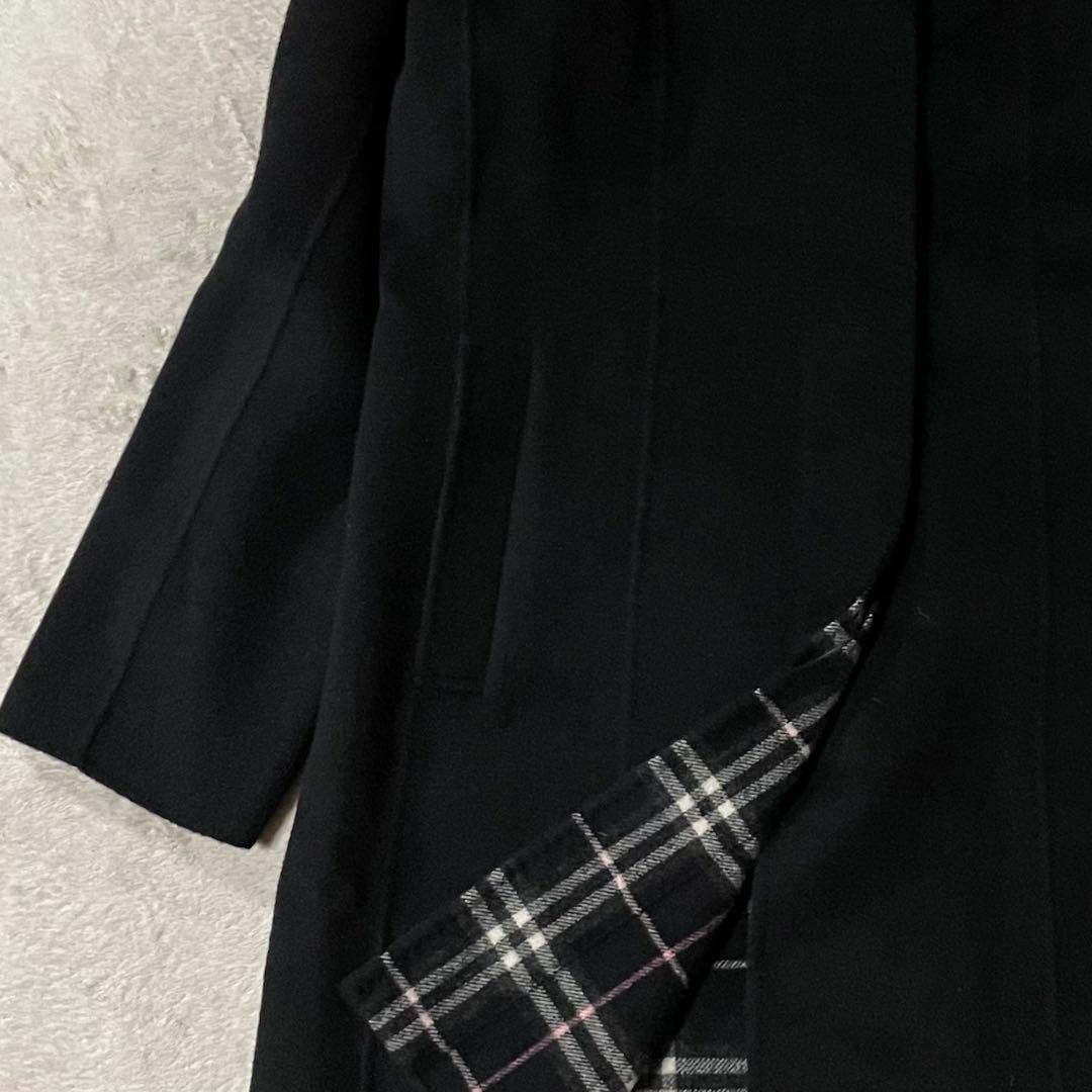 専用バーバリー カシミヤ混 襟ラビットファー ロングウールコート Lネイビー美品