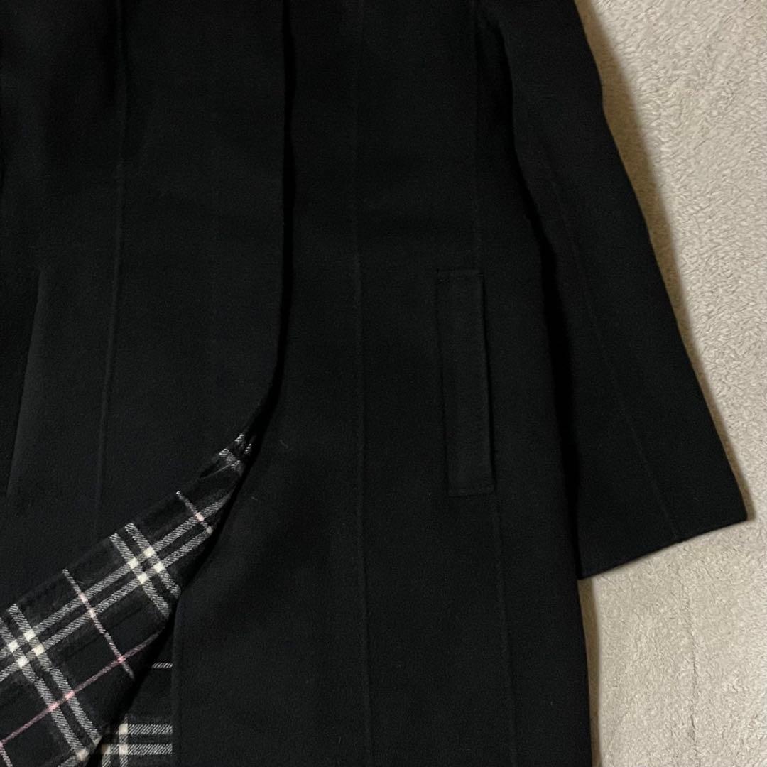 専用バーバリー カシミヤ混 襟ラビットファー ロングウールコート Lネイビー美品