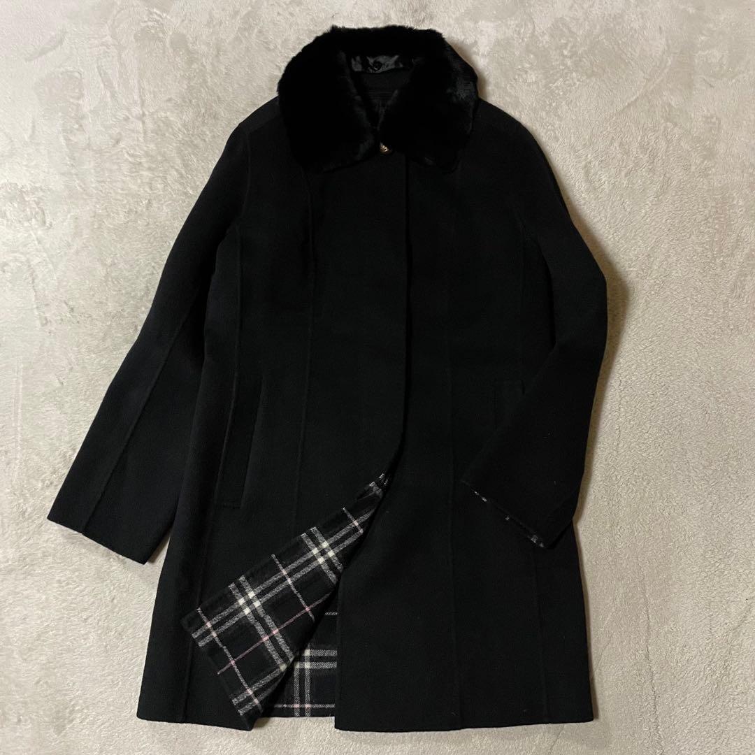 専用バーバリー カシミヤ混 襟ラビットファー ロングウールコート Lネイビー美品