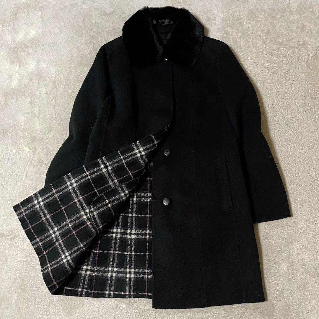 専用バーバリー カシミヤ混 襟ラビットファー ロングウールコート Lネイビー美品