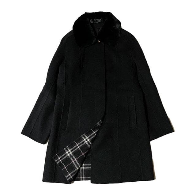 専用バーバリー カシミヤ混 襟ラビットファー ロングウールコート Lネイビー美品