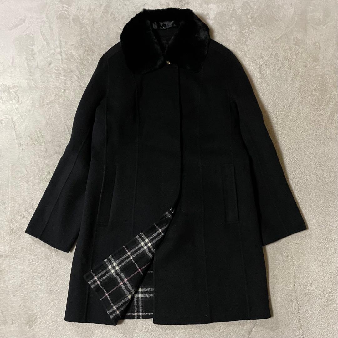 専用バーバリー カシミヤ混 襟ラビットファー ロングウールコート Lネイビー美品